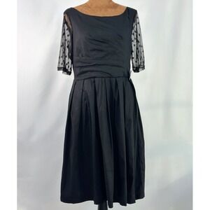 Lindy Bop Fit & Flare Dress Women L Black Good Sheer Polka Dot Mesh Sleeve Retro